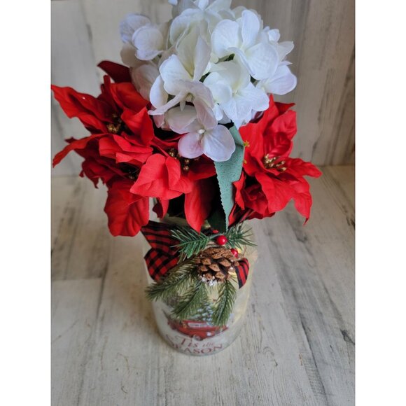 Faux flowers red white 'tis the season glass vase light up Xmas tabletop decor - Picture 1 of 13